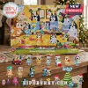 Bluey Family Christmas 24-Piece Advent Calendar features numbered doors and mini figurines on a wooden table.
