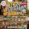 Bluey Family Christmas 24-Piece Advent Calendar with numbered doors and 24 miniature toy figures on a wooden surface.