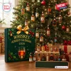 Bourbon Whiskey Advent Calendar 2026 box with gold ribbon next to a decorated Christmas tree featuring miniature liquor bottles.