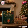 Bourbon Whiskey Advent Calendar 2026 featuring a green box with a gold bow and miniature whiskey bottles on a wood table.