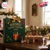 Bourbon Whiskey Advent Calendar 2026 featuring a green gift box with a gold ribbon, holly patterns, and mini liquor bottles.
