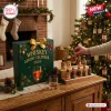 Bourbon Whiskey Advent Calendar 2026 box with a gold ribbon, featuring holiday illustrations and miniature liquor bottles.