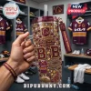 Brisbane Broncos 38th Anniversary Rhinestone Handle Tumbler featuring team logos, stars, and rugby imagery on a clear cup.