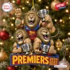 Front view of Brisbane Lions 3-Peat Christmas Ornament 2026 featuring three muscular lions holding premiership cups.
