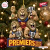 Hanging Christmas ornament featuring three cartoon lions holding premiership cups with Brisbane Lions 3-Peat text.