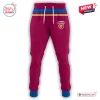 Front view of maroon sweatpants with blue and yellow waistband stripe and team logo.
