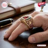 Closeup of a hand wearing the Brisbane Lions AFL Gold Championship Ring featuring a red stone and lion motif.