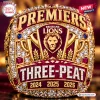 Closeup of Brisbane Lions Three-Peat Gold Championship Ring featuring Premiers text and lion emblem.