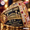 Closeup of Brisbane Lions Three-Peat Gold Championship Ring featuring stadium engraving.