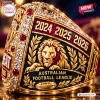 Closeup of Brisbane Lions Three-Pedal Gold Championship Ring featuring a lion emblem and text 2024 2025 2026.