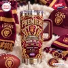 Front view of Brisbane Lions Three-Peat YETI Stanley Tumbler with rhinestones and premier graphics.
