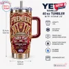 Front view of Brisbane Lions Three-Peat YETI Stanley Tumbler with dimensions and feature icons.