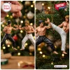 Bruce Lee x Chuck Norris Way Of The Dragon Christmas ornament featuring miniature martial artists fighting on gold chains.