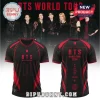 BTS World Tour 2026 Black Red Football Jersey featuring front and back views with graphic logos and member names.