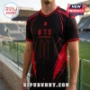 BTS World Tour 2026 Black Red Football Jersey featuring red geometric lines, logo graphics, and v-neck collar on a person.