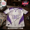 BTS World Tour 2026 White Purple Football Jersey featuring geometric patterns, a V-neck, and embroidered music group logos.