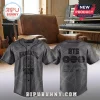 BTS World Tour Arirang 2026 Limited Edition Baseball Jersey featuring grey textured fabric and black graphic lettering.