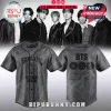 BTS World Tour Arirang 2026 Limited Edition Baseball Jersey featuring grey fabric, black text, and member signatures.