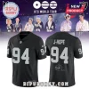 BTS x Las Vegas Raiders Custom Football Jersey in black featuring number 94, J-Hope nameplate, and embroidered signature.