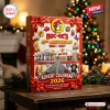 Front view of a rectangular 45th Anniversary Buc-ee's Advent Calendar 2026 box with holiday theme against a blurred tree.