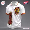 Front view of a white polo shirt with red and yellow striped collar, featuring a beaver mascot and Buc-ee's logo text.