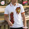 Front view of a white polo shirt with red and yellow striped collar and sleeves featuring a beaver mascot graphic.