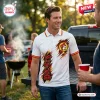 Front view of a man wearing a white polo shirt with Buc-ee's mascot, red and yellow accents, and text design.