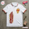Front view of a white polo shirt with Budweiser branding and a torn fabric effect revealing beer-themed graphics.