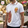 Front view of a white polo shirt with red trim and a Budweiser beer logo design featuring torn fabric effects.