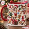 Front view of Bulldog Christmas Ceramic Mug featuring embossed holiday designs and multiple bulldogs.