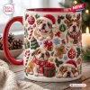 Front view of a white ceramic mug featuring embossed bulldog and holiday motif designs.
