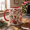 Front view of a Bulldog Christmas ceramic mug featuring embossed holiday bulldogs and festive decorations on a wooden table.
