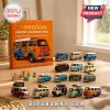 Campervan Christmas Advent Calendar 2026 box with 14 miniature colorful vintage van replicas on a wooden table.