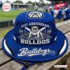 Front view of a blue bucket hat featuring embroidered 91st anniversary graphics and a bulldog logo.