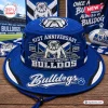 Front view of a blue Canterbury-Bankstown Bulldogs 91st Anniversary bucket hat with embroidered mascot and stadium graphic.