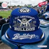 Front view of a blue Canterbury-Bankstown Bulldogs 91st Anniversary bucket hat with a stadium background.