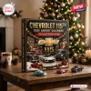Chevrolet 115th Anniversary Advent Calendar 2026 featuring classic car illustrations on a dark box on a wooden table.