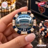Closeup of a poker chip featuring Soldier Field, part of a Chicago Bears Deluxe Collector Poker Set.