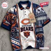 Front view of Chicago Bears NFL polo shirt featuring a roaring bear graphic, skyline, and Soldier Field print.