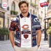 Man wearing a Chicago Bears NFL polo shirt with skyline and bear graphics.