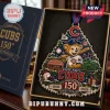 Chicago Cubs 150th Anniversary 1976-2026 tree ornament featuring Clark the Cub mascot and Wrigley Field in a triangular box.