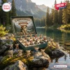Front view of an open Chihuahua Adventure Advent Calendar box displaying miniature dog figurines on mossy rocks.