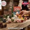 Christmas Chicken Advent Calendar 2026 featuring 24 acrylic poultry ornaments in holiday attire on a rustic wooden table.
