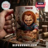Chucky Blood Splatter Custom Mug featuring horror doll Chucky inside a Good Guys box, white ceramic with red handle.