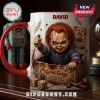 Chucky Blood Splatter Custom Mug featuring the character holding a knife inside a Good Guys box with personalized text.