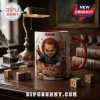 Chucky Blood Splatter Custom Mug featuring the horror doll in a Good Guys box with personalized text on a white surface.