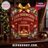 Classic Broadway Shows 2026 Advent Calendar with red box, gold stage, theatre masks, and holiday ornaments in a living room.