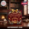 Classic Broadway Shows 2026 Advent Calendar with theater masks, stage lighting, and gold ribbon on a deep red background.
