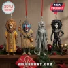 Classic Broadway Shows 2026 Advent Calendar ornaments featuring four theatrical character figures on a holiday shelf.