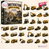 Construction Vehicles Advent Calendar 2026 featuring 24 yellow miniature heavy machinery toys and a themed display box.